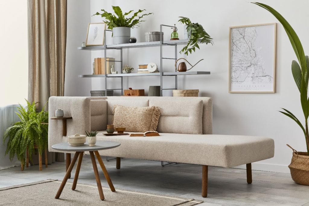 neutral colored chaise in living room 