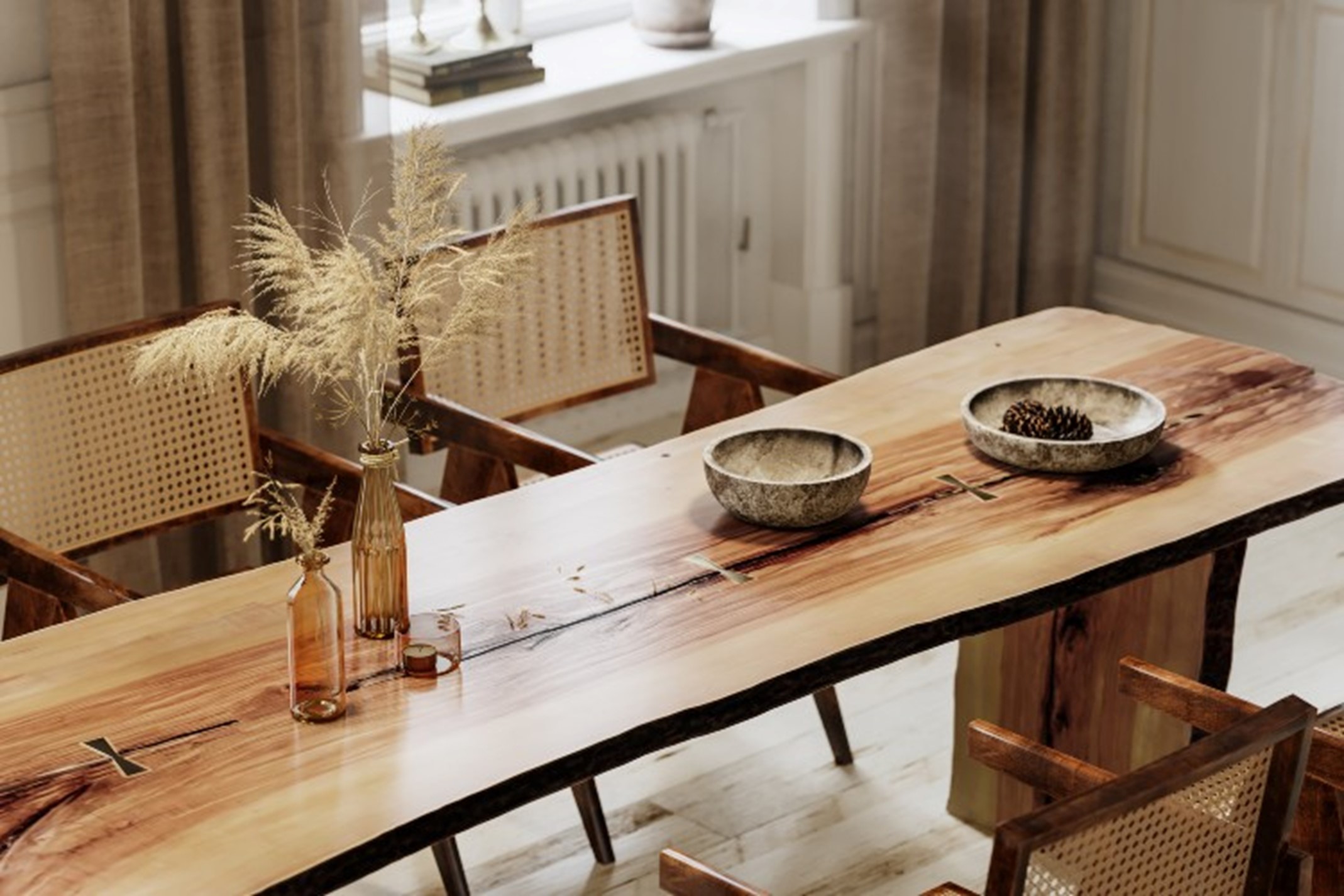 Wooden dining table with vase and utensils