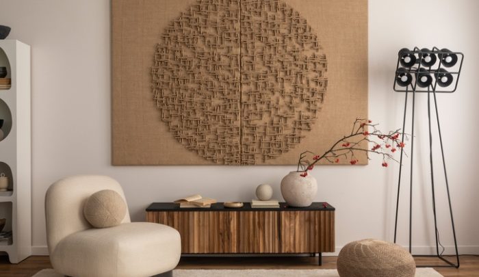 Interior design of living room interior with mock up poster frame