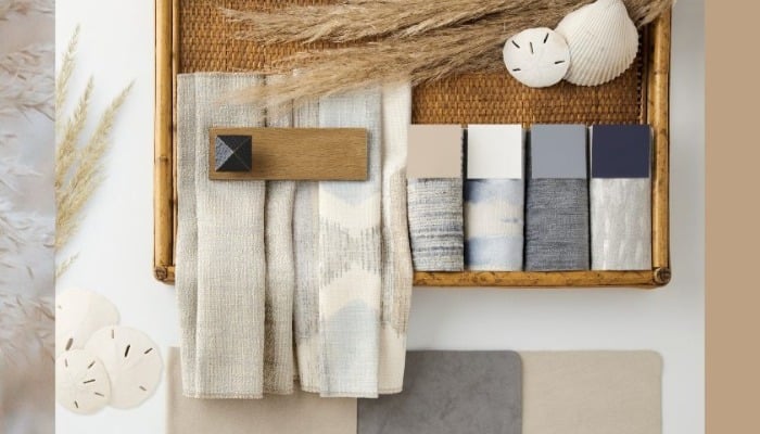 A mood board showcasing designer services at the Woodbridge Interiors in San Diego, CA